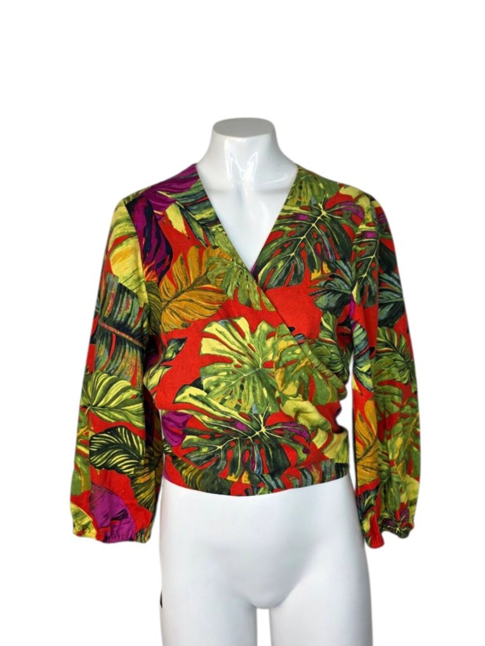 Maison D'Amelie Linen Blend Tropical Print 3/4 Sleeve Wrap Shirt, TIe Back, Sz S